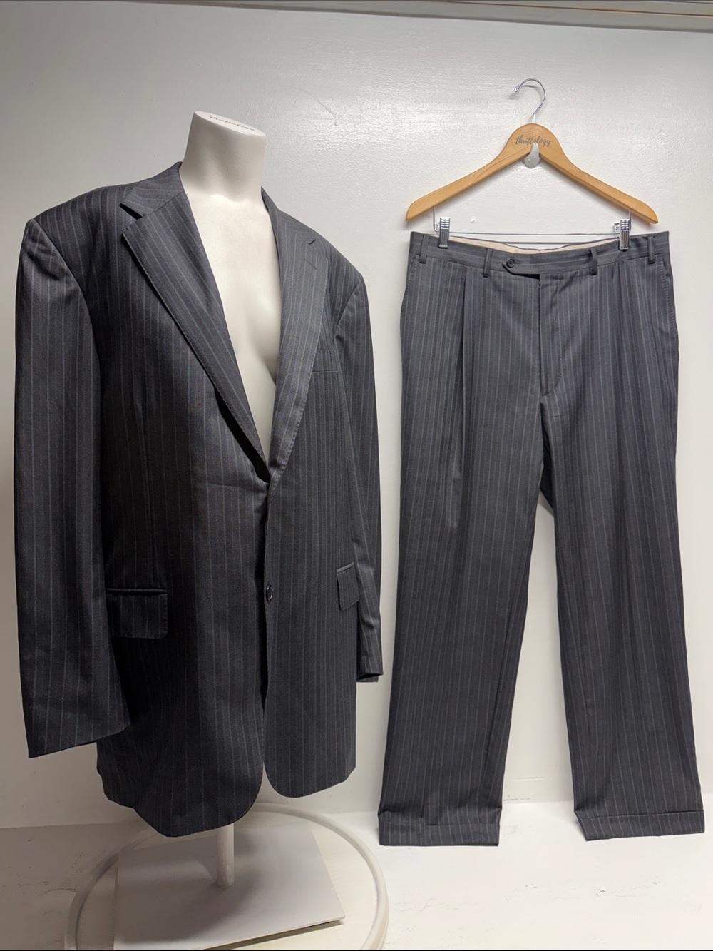 Canali Shadow Suit Set Striped Pure Wool Jacket Pleated Pants Gray Mens Size 56